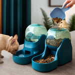 Pet feeder with two compartments, one filled with water and the other with food, with a dog eating from it.