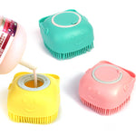 Dog shampoo dispensing brush with soft silicone bristles