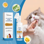 Foaming paw cleaner for pets with a cat using it, Lvegong brand visible