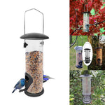 Bird feeder with birds on a white background and additional views of the feeder in a garden setting.